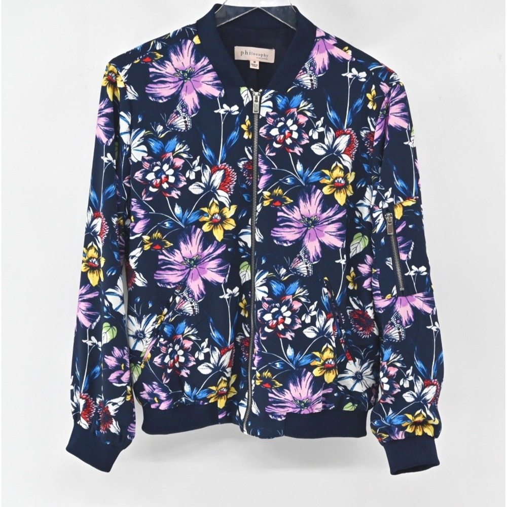 Philosophy Floral Bomber Jacket Womens Size M Blue Butterfly‎ Full Zip Pockets